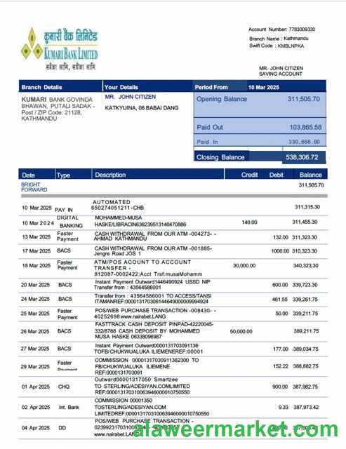 Nepal Kumari Bank Limited account statement Word and PDF template